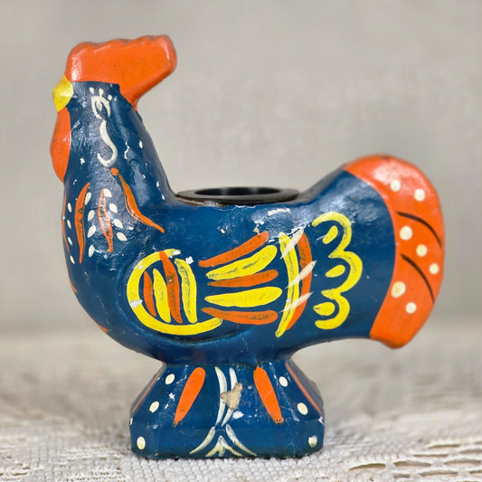 Vintage Folk Art Hand Painted Rooster Bird Candle Holder/Toothpick Holder 4" Enesco Japan