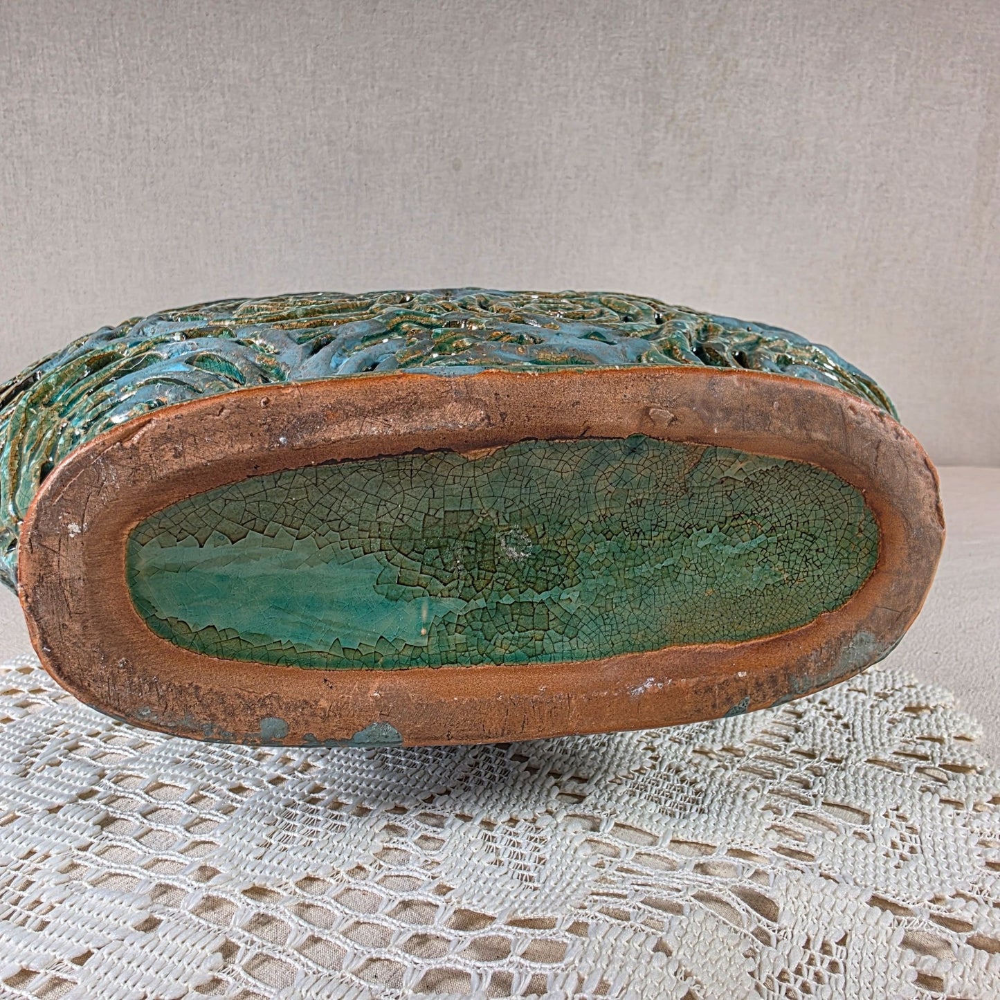 Handcrafted Turquoise Openwork Ceramic Vase With Rose Motif