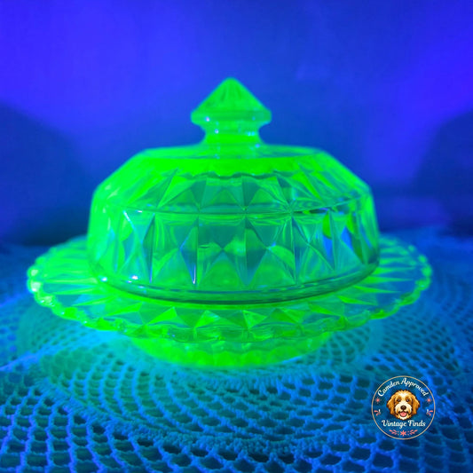 Vintage Uranium Glass Covered Butter Dish Round Diamond Pattern Scalloped Plate Glows UV