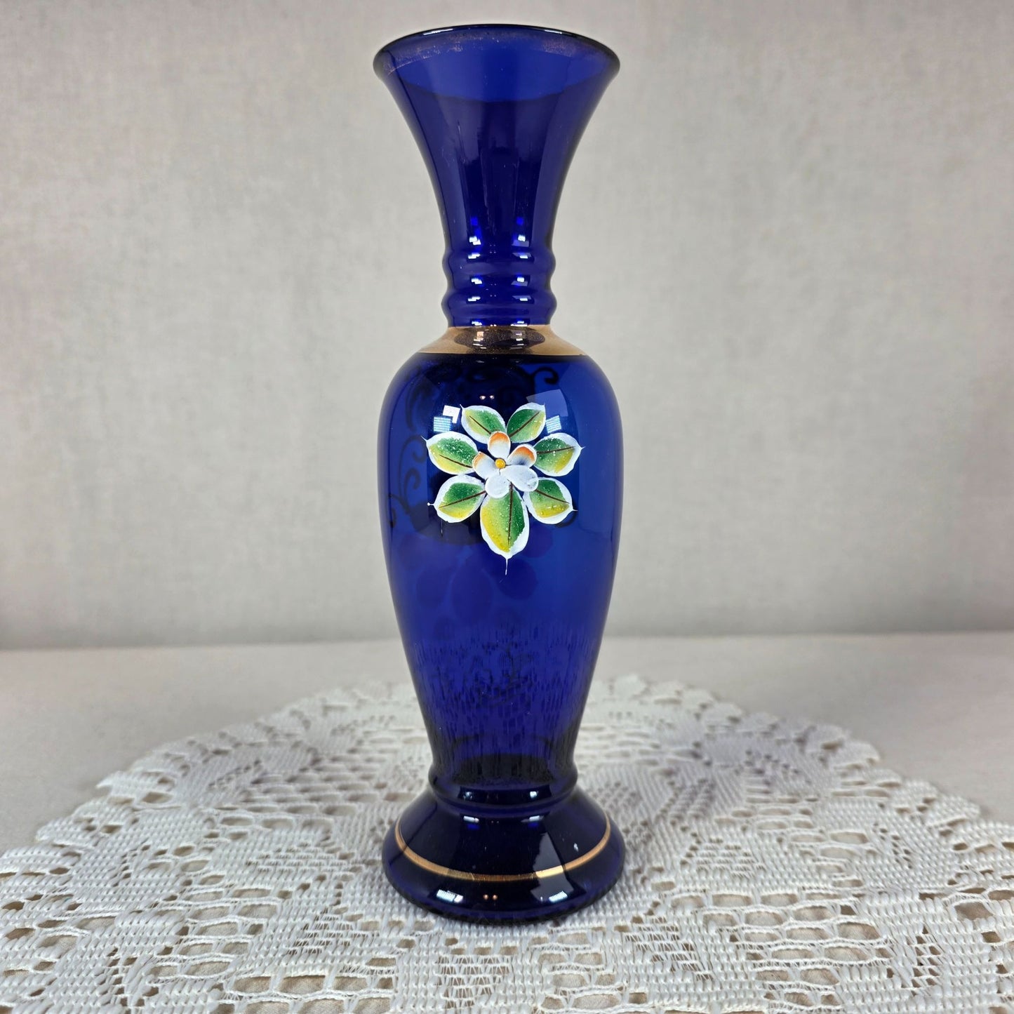 Bohemian Czech Cobalt Blue Vase 24k Gold Gilt & Hand Enameled Floral Design Elegant Decorative Glass Accent Piece