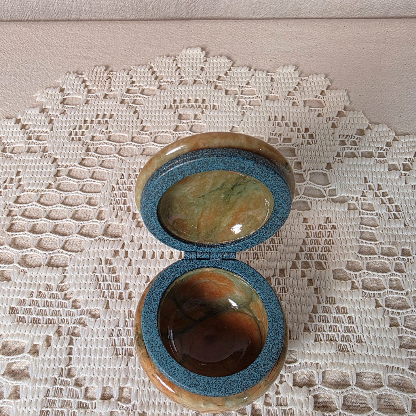 Vintage Italian Pier 1 Imports Alabaster Trinket Box Hinged Lid Blue Accent 2" Diameter 1.75" Tall