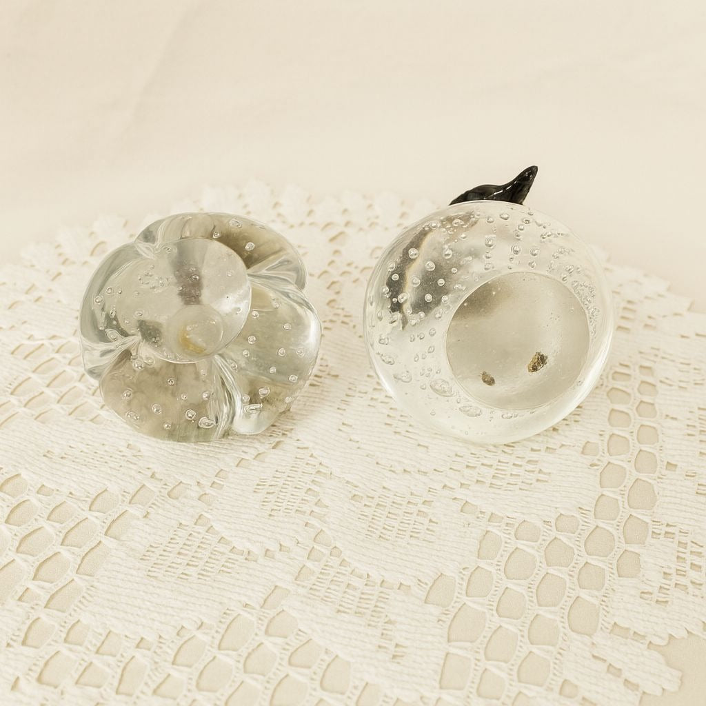Vintage Art Glass Pumpkin & Pear Paperweight Set – Clear Bubble Controlled Glass