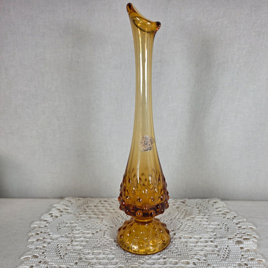 Vintage Fenton Amber Hobnail Swung Vase 11" Art Glass Mid Century MCM Embossed Logo