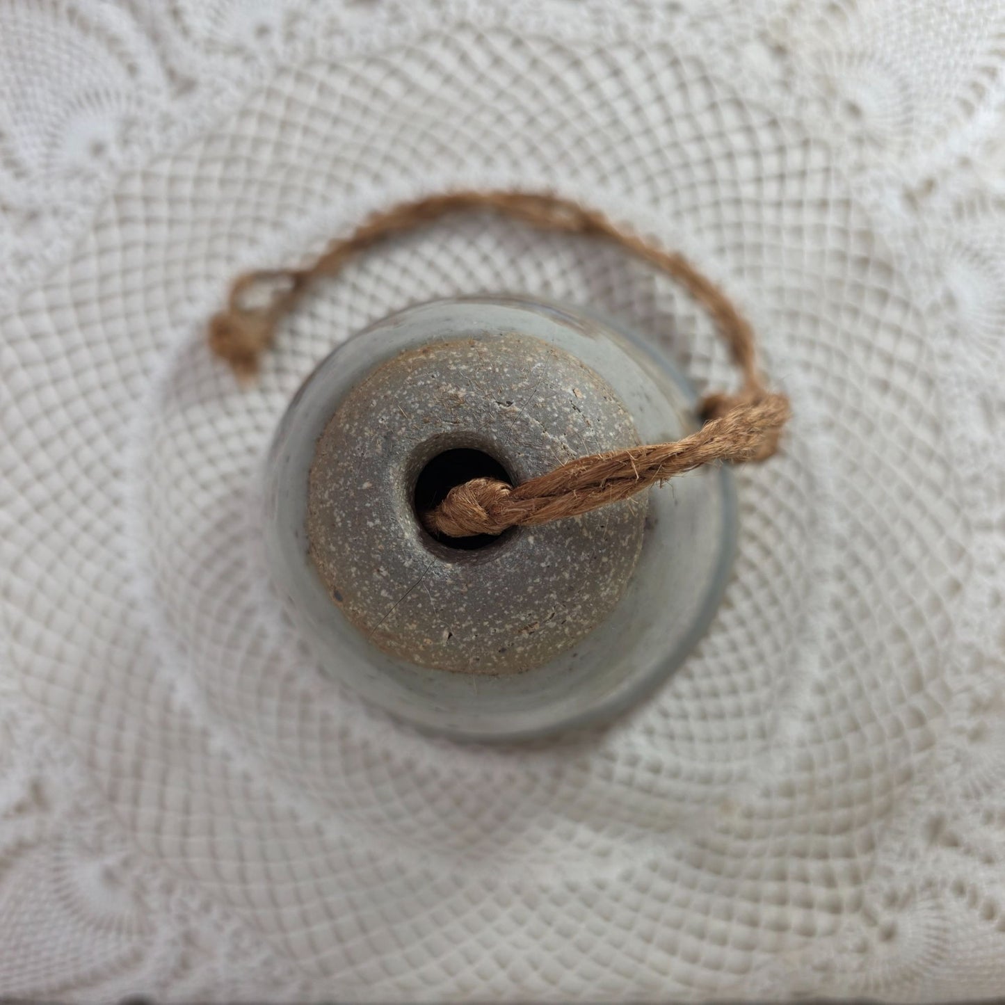 Vintage Stoneware Wind Bell With Hand Painted Cobalt Blue Floral Motifs & Rustic Rope Hanger