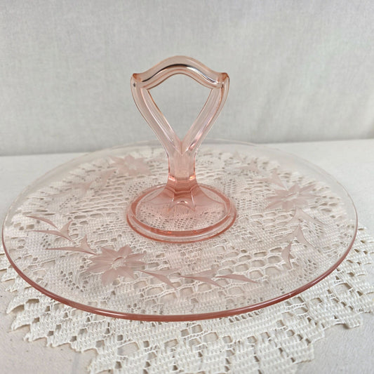 Vintage Pink Depression Glass Handled Tidbit Tray Etched Floral Sandwich Plate