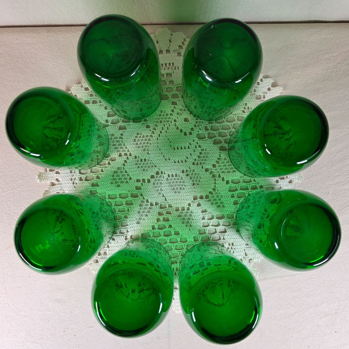 Vintage Emerald Green Glass Tumbler Set with White Metal Carrier Caddy MCM-Barware