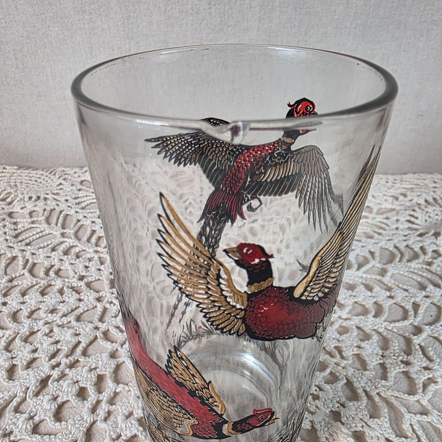 Vintage Hazel Atlas 1950s to 1960s Ring-Necked Pheasant High Ball glasses with Gold tone Caddy Set of 8