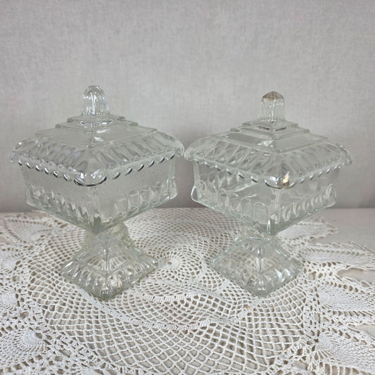Vintage Clear Glass Pedestal Candy Dish Set of 2 Lidded Compote Pressed Glass Trinket Dish