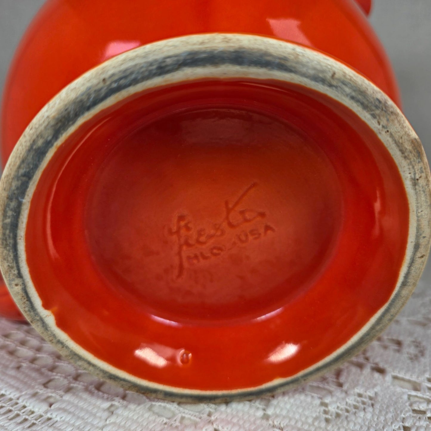 Vintage Fiesta Red Ice Lip Pitcher 9 1/2" Wide & 7" Tall Art Deco Style Ceramic Collectible Display-Ready