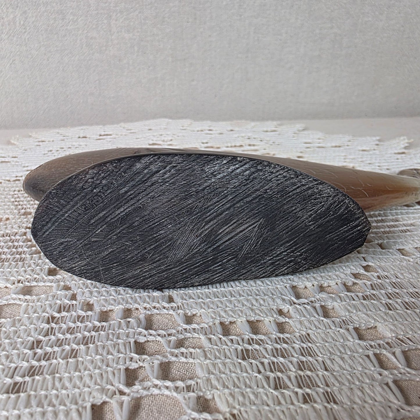 Vintage Horn Carved Fish Sculpture With Dark Base