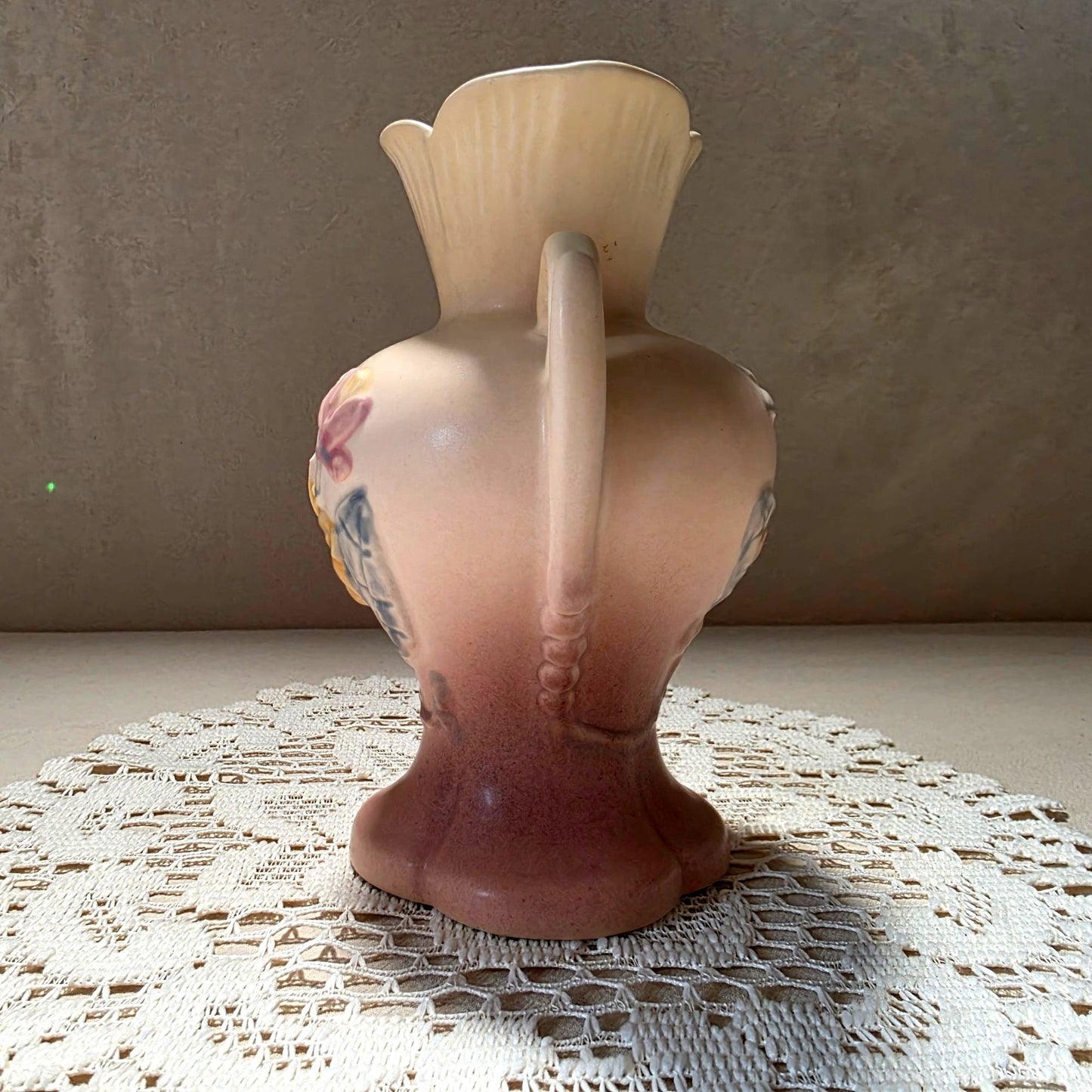 Vintage Hull Pottery Two-Handle Vase With Floral Design & Scalloped Rim