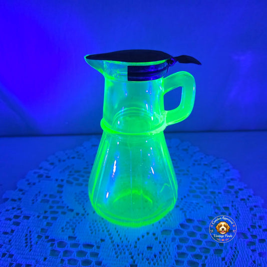 Vintage Vaseline Uranium Glass Syrup Pitcher Server Metal Lid Strong Glow UV