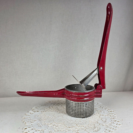 Vintage Handy Things Red & Silver Metal Potato Ricer With Perforated Basket 11" Long