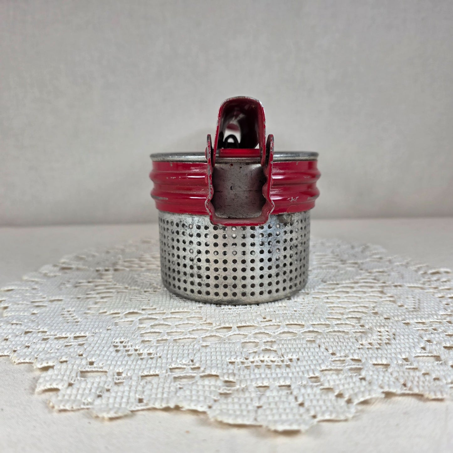 Vintage Handy Things Red & Silver Metal Potato Ricer With Perforated Basket 11" Long