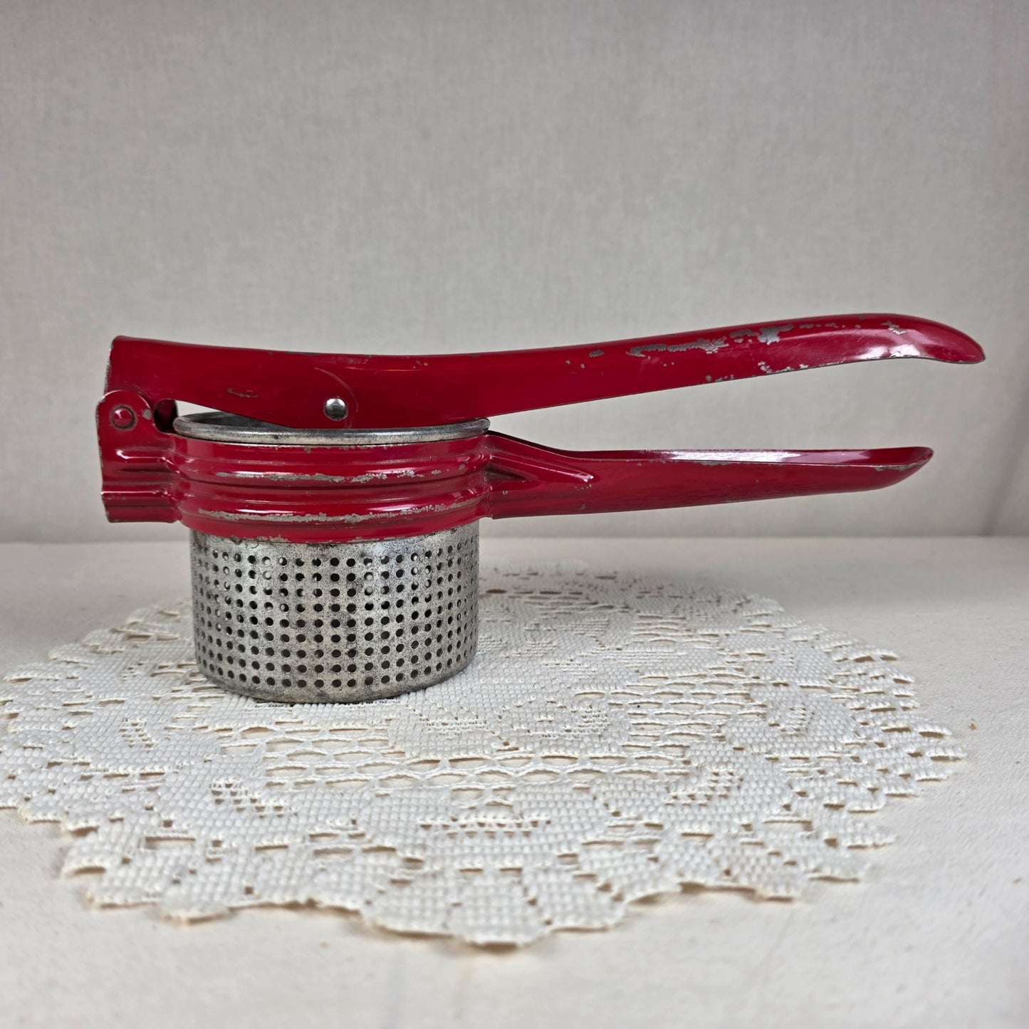 Vintage Handy Things Red & Silver Metal Potato Ricer With Perforated Basket 11" Long