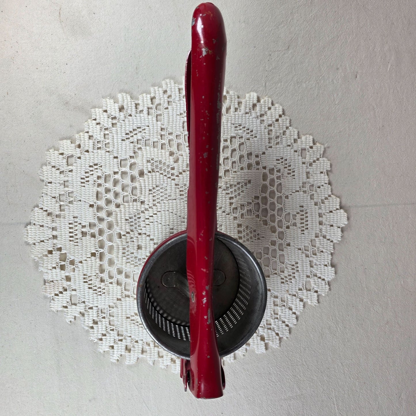 Vintage Handy Things Red & Silver Metal Potato Ricer With Perforated Basket 11" Long