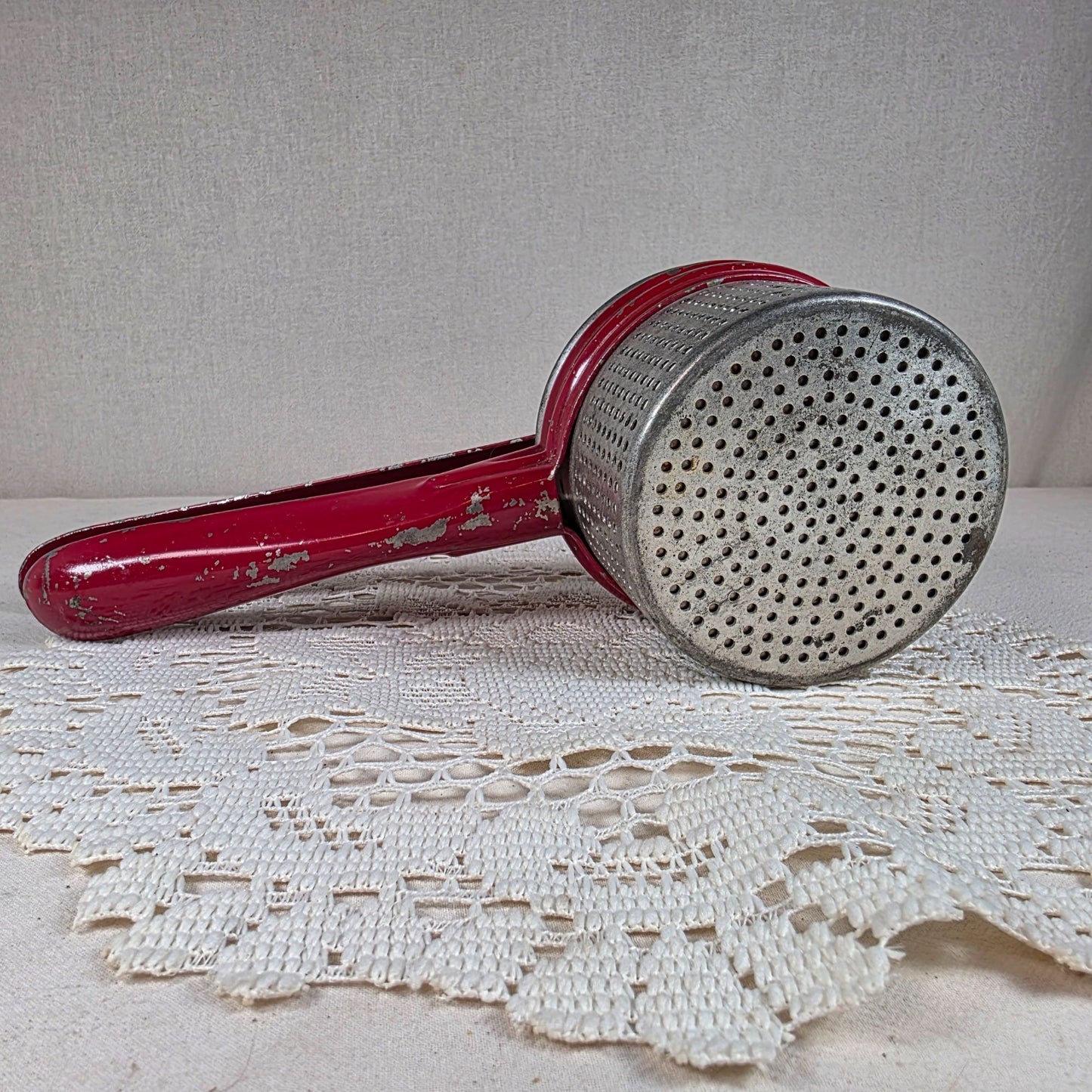 Vintage Handy Things Red & Silver Metal Potato Ricer With Perforated Basket 11" Long