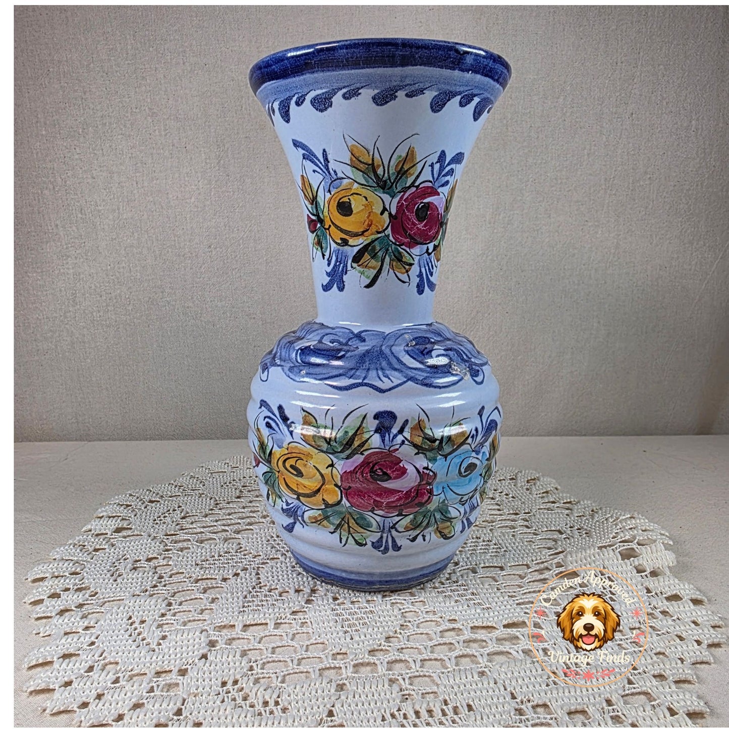 Hand-Painted Portuguese Folk Art Ceramic Vase With Floral Design 8" Tall Blue & Multicolor Accents