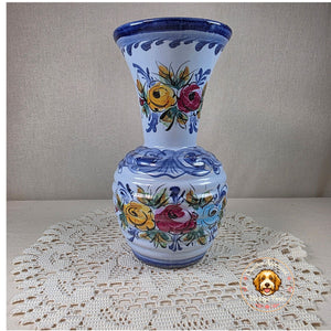 Hand-Painted Portuguese Folk Art Ceramic Vase With Floral Design 8" Tall Blue & Multicolor Accents