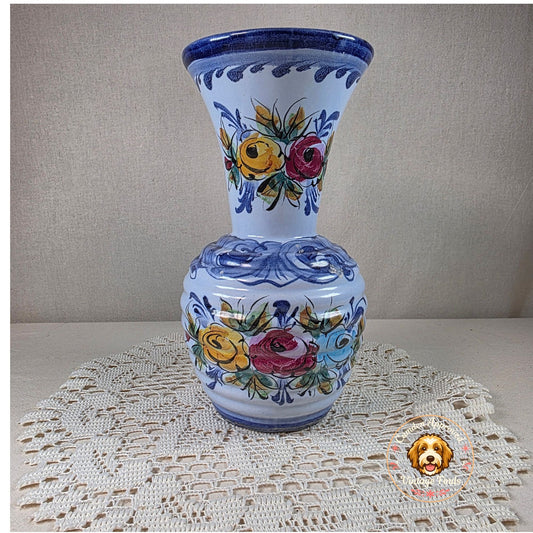 Hand-Painted Portuguese Folk Art Ceramic Vase With Floral Design 8" Tall Blue & Multicolor Accents
