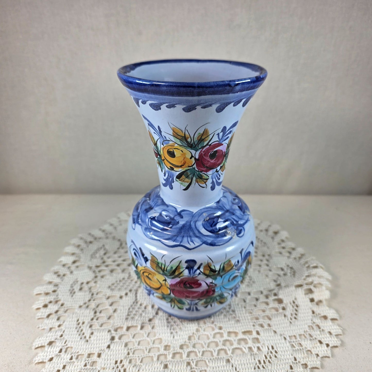 Hand-Painted Portuguese Folk Art Ceramic Vase With Floral Design 8" Tall Blue & Multicolor Accents