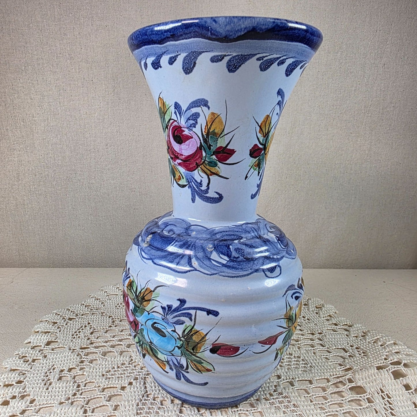Hand-Painted Portuguese Folk Art Ceramic Vase With Floral Design 8" Tall Blue & Multicolor Accents