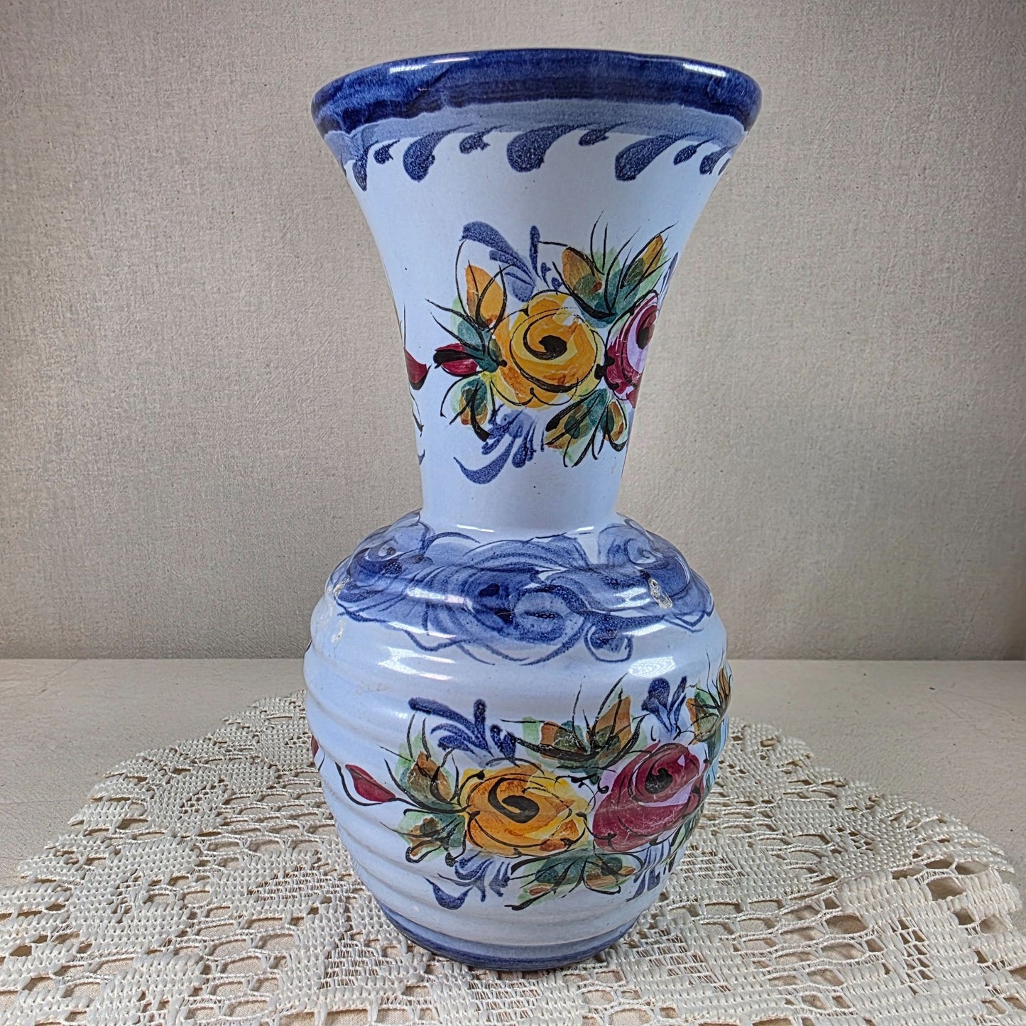 Hand-Painted Portuguese Folk Art Ceramic Vase With Floral Design 8" Tall Blue & Multicolor Accents
