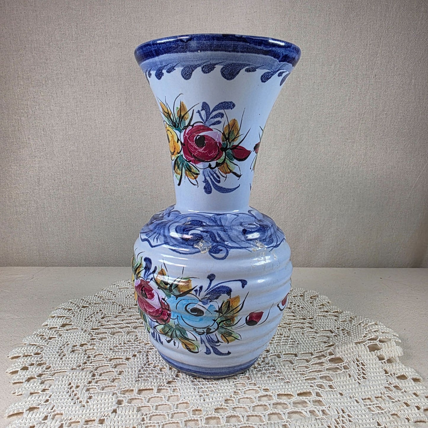 Hand-Painted Portuguese Folk Art Ceramic Vase With Floral Design 8" Tall Blue & Multicolor Accents