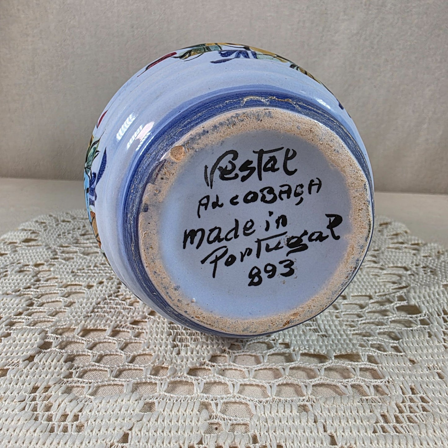 Hand-Painted Portuguese Folk Art Ceramic Vase With Floral Design 8" Tall Blue & Multicolor Accents