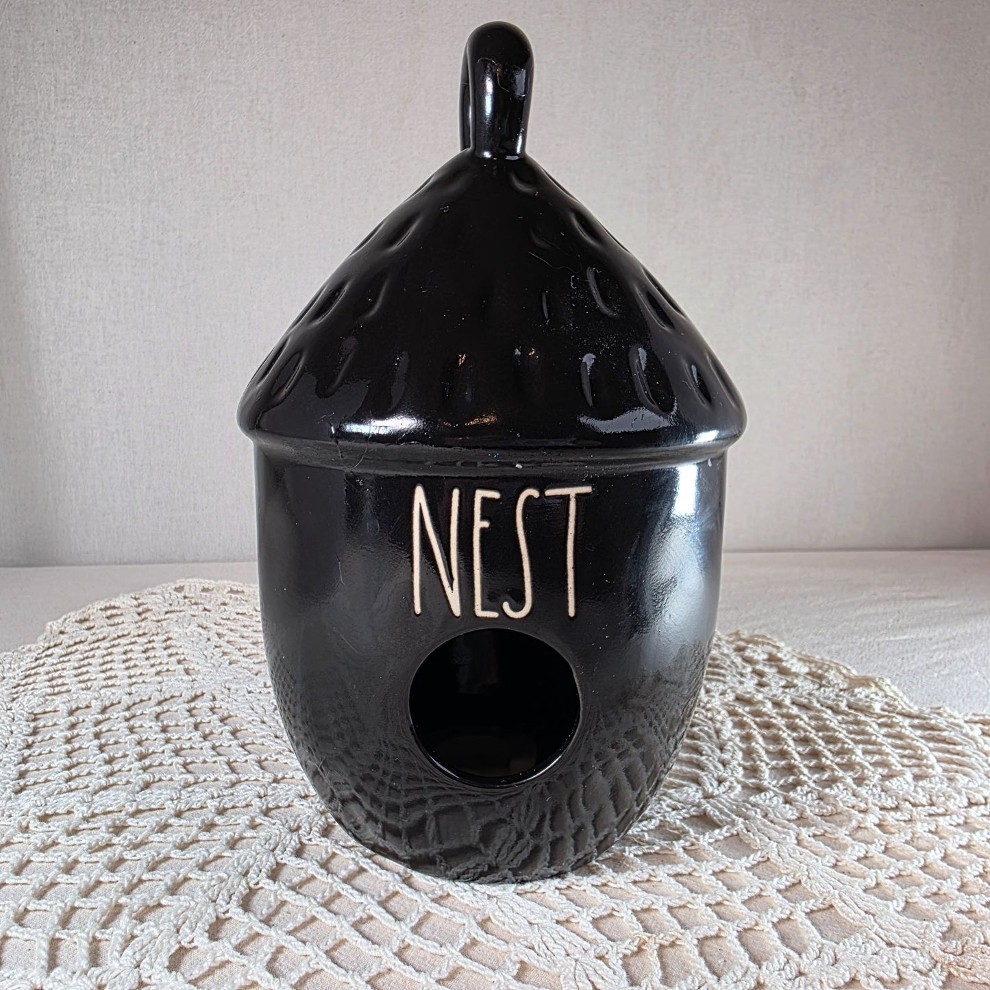 Rae Dunn Ceramic Acorn Birdhouse With "Nest" Text Black Decorative Piece For Indoor/Outdoor Use