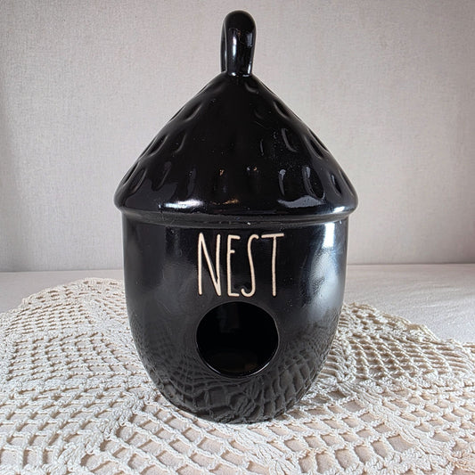 Rae Dunn Ceramic Acorn Birdhouse With "Nest" Text Black Decorative Piece For Indoor/Outdoor Use