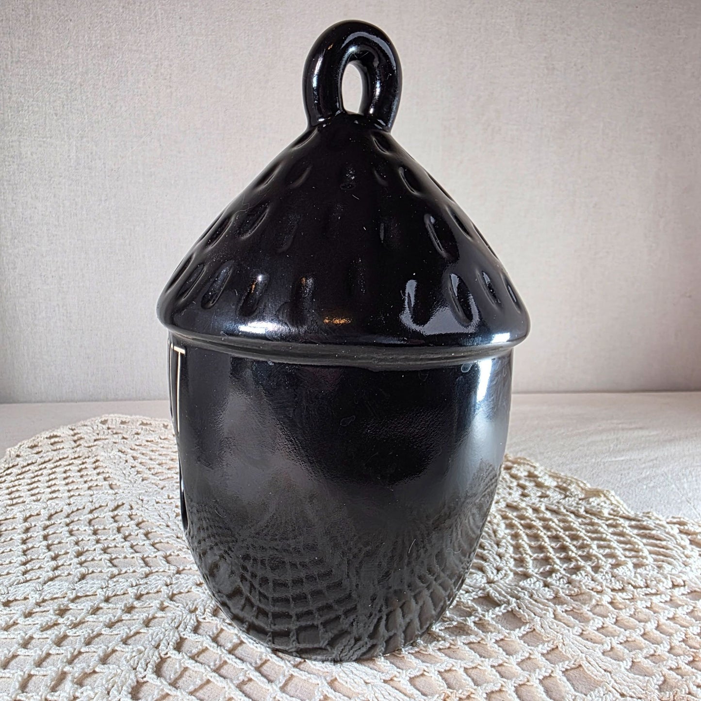Rae Dunn Ceramic Acorn Birdhouse With "Nest" Text Black Decorative Piece For Indoor/Outdoor Use