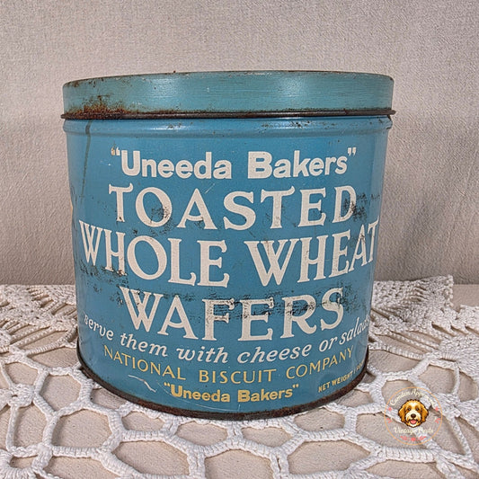 Vintage NBC Uneeda Biscuits Toasted Whole Wheat Wafers Tin National Biscuit Co Blue Advertising