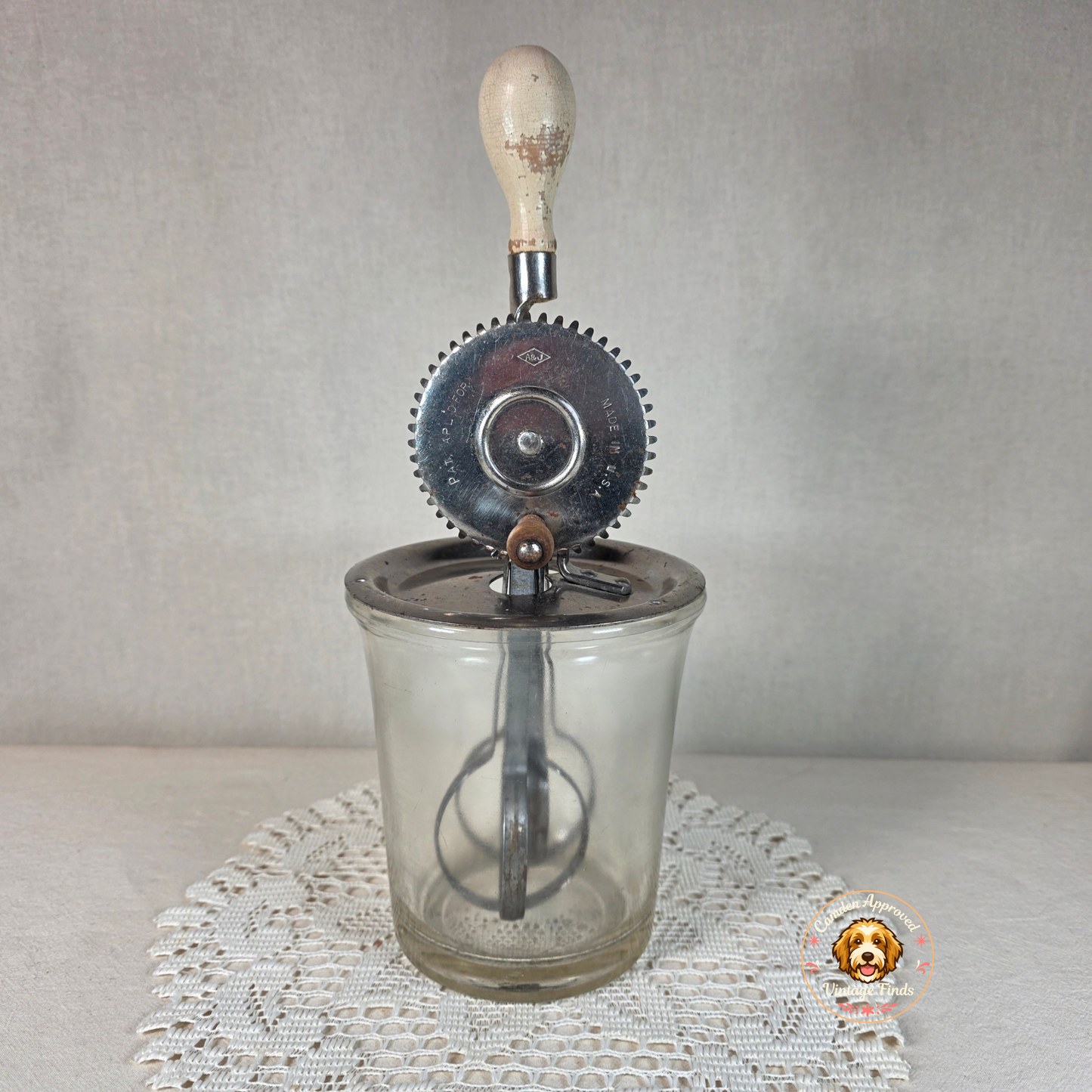 Vintage A.J. Egg Beater Mixer With Glass Jar 3-Cup Capacity Gear-Driven Metal Mechanism & Wooden Handle