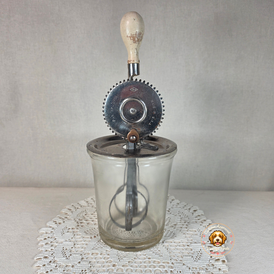 Vintage A.J. Egg Beater Mixer With Glass Jar 3-Cup Capacity Gear-Driven Metal Mechanism & Wooden Handle