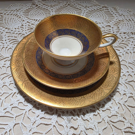 Gold & Blue Teacup Saucer & Plate Set By Tettau Echt 22K Gold Porcelain Elegant Design