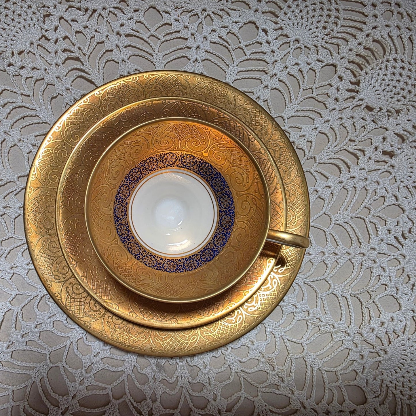 Gold & Blue Teacup Saucer & Plate Set By Tettau Echt 22K Gold Porcelain Elegant Design