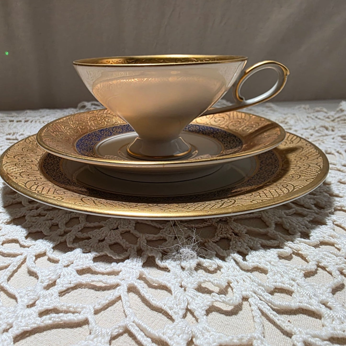 Gold & Blue Teacup Saucer & Plate Set By Tettau Echt 22K Gold Porcelain Elegant Design