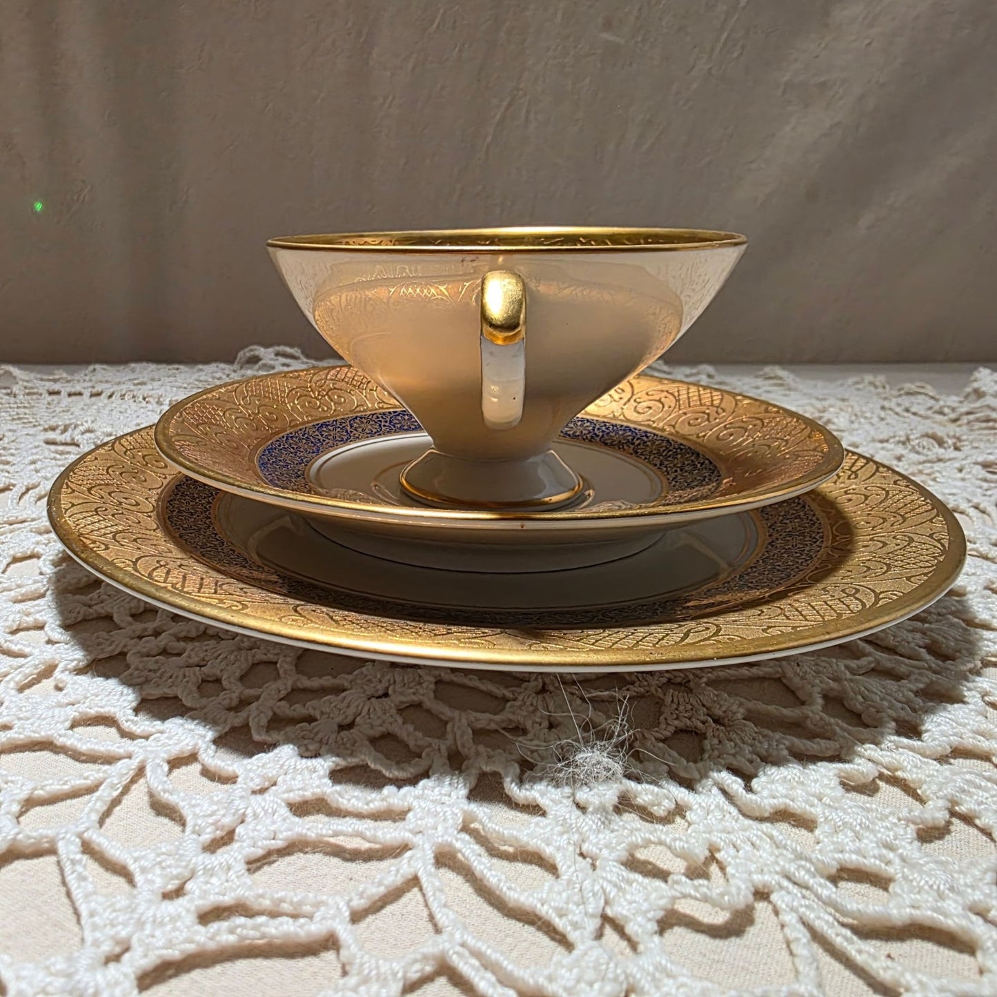 Gold & Blue Teacup Saucer & Plate Set By Tettau Echt 22K Gold Porcelain Elegant Design