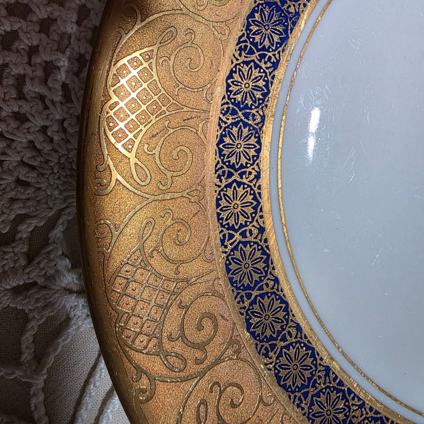 Gold & Blue Teacup Saucer & Plate Set By Tettau Echt 22K Gold Porcelain Elegant Design