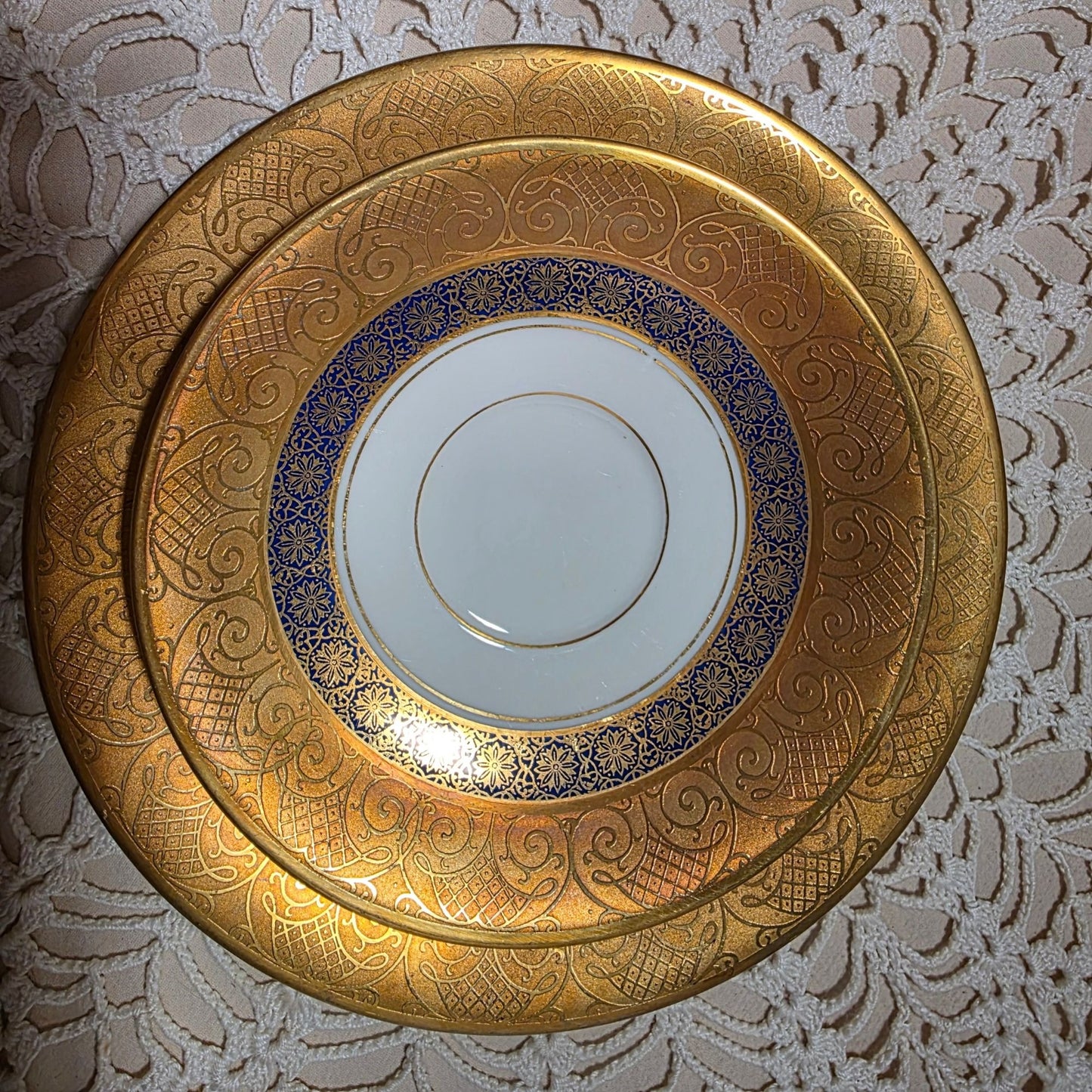 Gold & Blue Teacup Saucer & Plate Set By Tettau Echt 22K Gold Porcelain Elegant Design