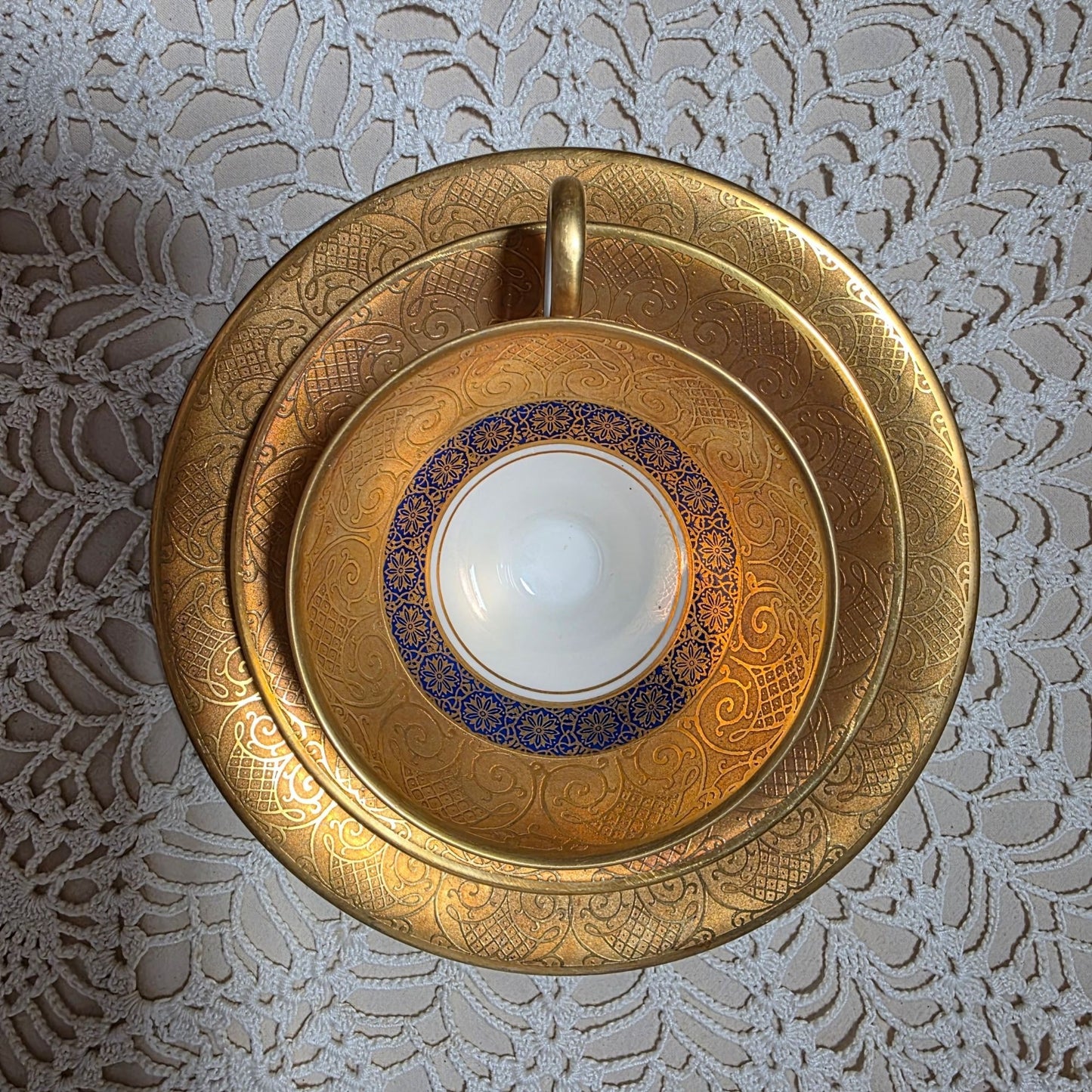 Gold & Blue Teacup Saucer & Plate Set By Tettau Echt 22K Gold Porcelain Elegant Design