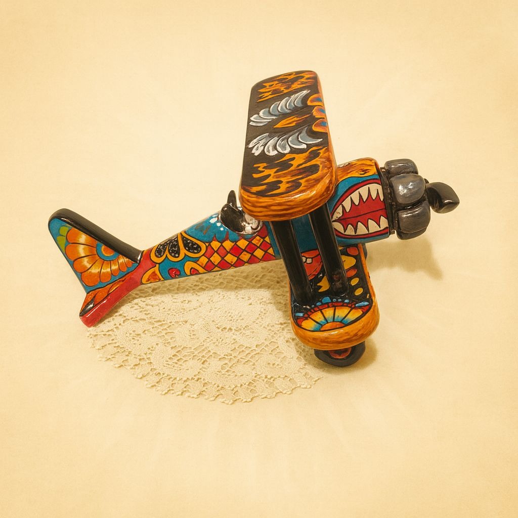 Rare Handcrafted Talavera Pottery Day Of The Dead Airplane Bi Plane By Gerardo Garcia