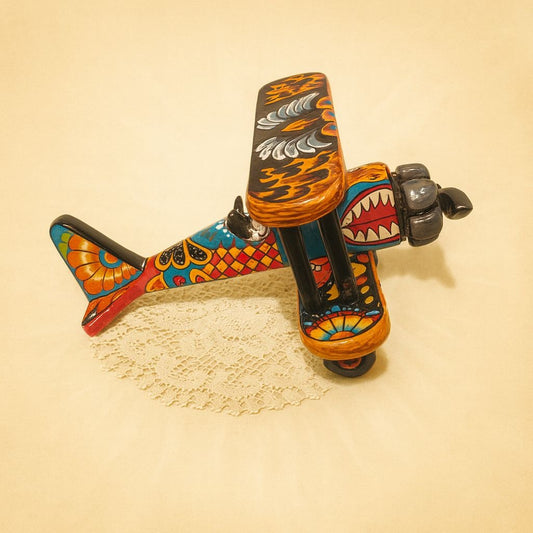 Rare Handcrafted Talavera Pottery Day Of The Dead Airplane Bi Plane By Gerardo Garcia