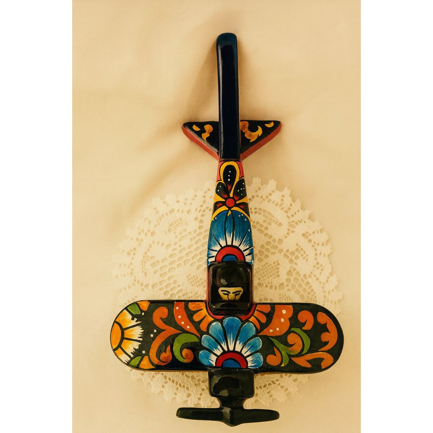 Rare Handcrafted Talavera Pottery Day Of The Dead Airplane Bi Plane By Gerardo Garcia