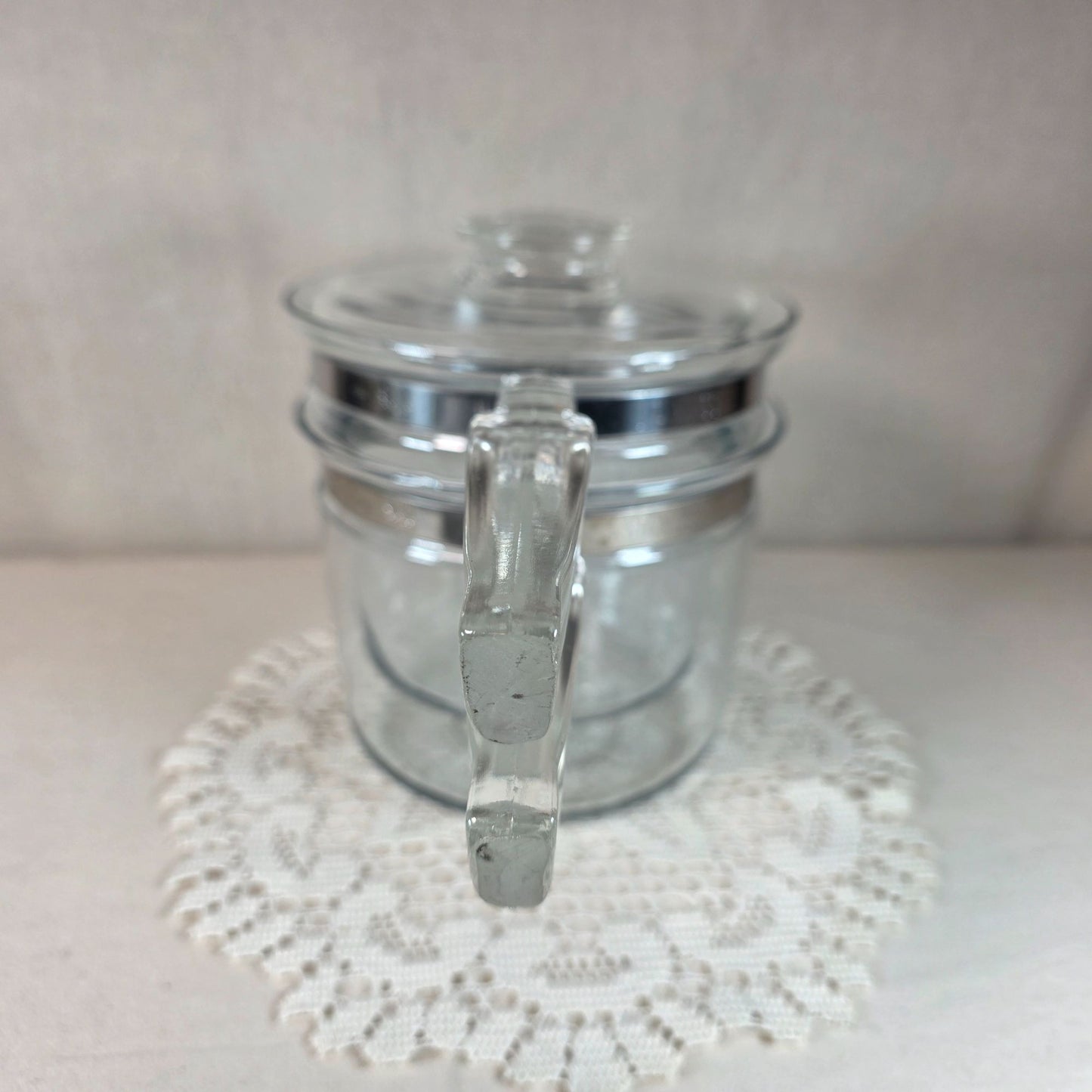Vintage Pyrex 1.5 Quart Glass Double Boiler With Lid & Metal Band Handles