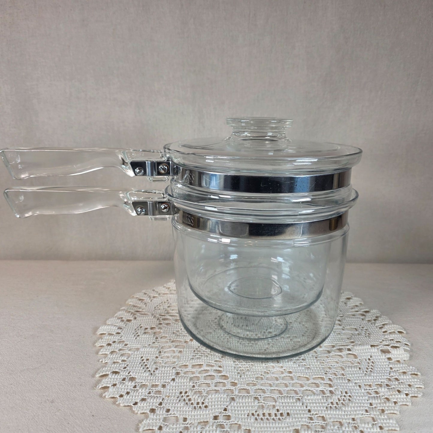 Vintage Pyrex 1.5 Quart Glass Double Boiler With Lid & Metal Band Handles