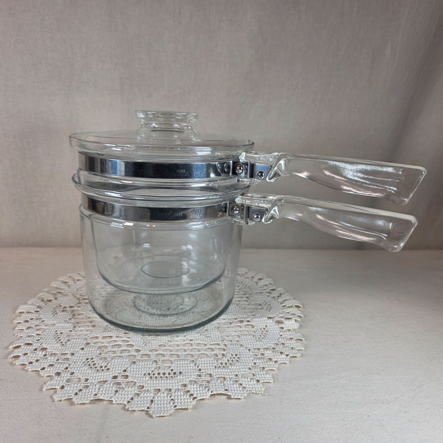 Vintage Pyrex 1.5 Quart Glass Double Boiler With Lid & Metal Band Handles