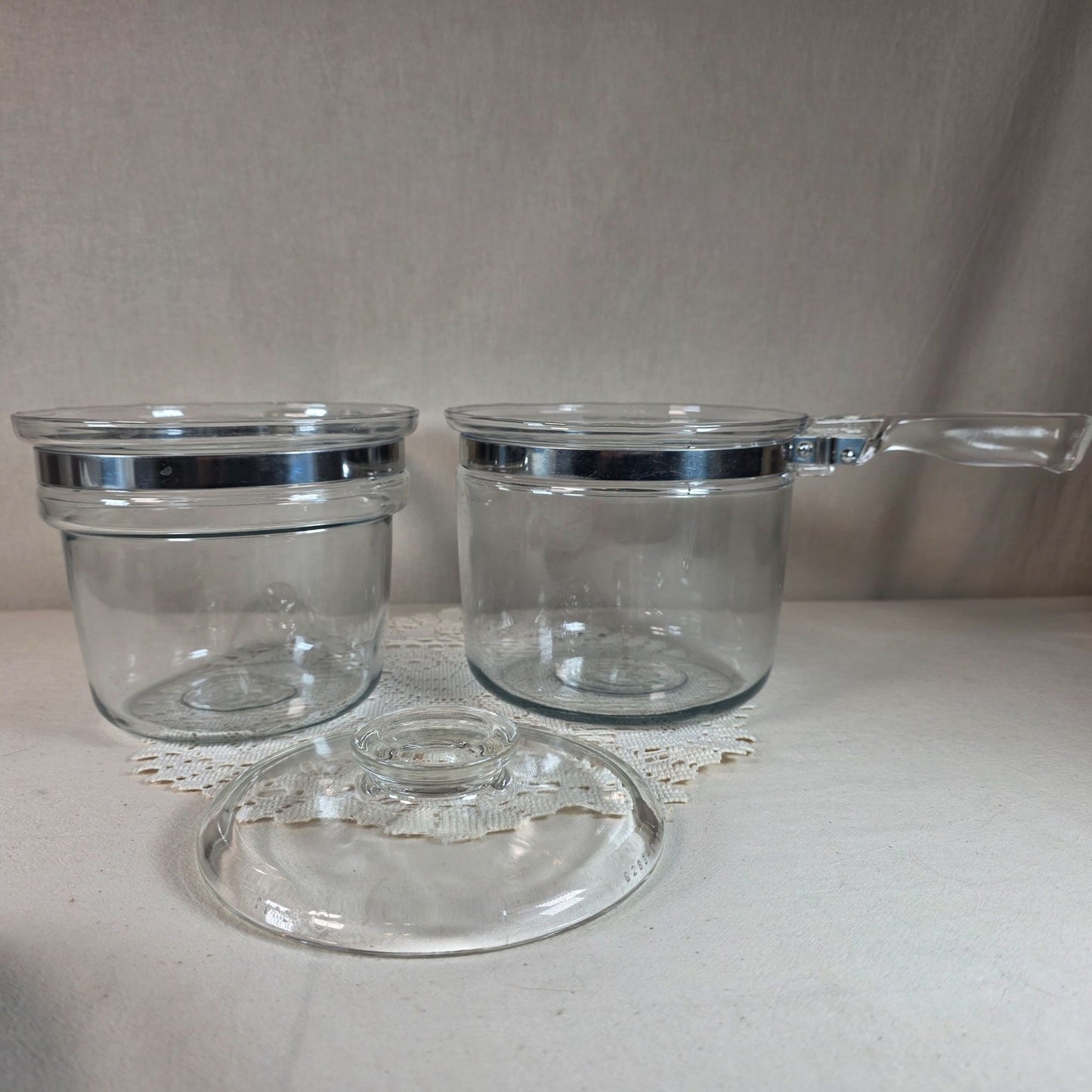 Vintage Pyrex 1.5 Quart Glass Double Boiler With Lid & Metal Band Handles