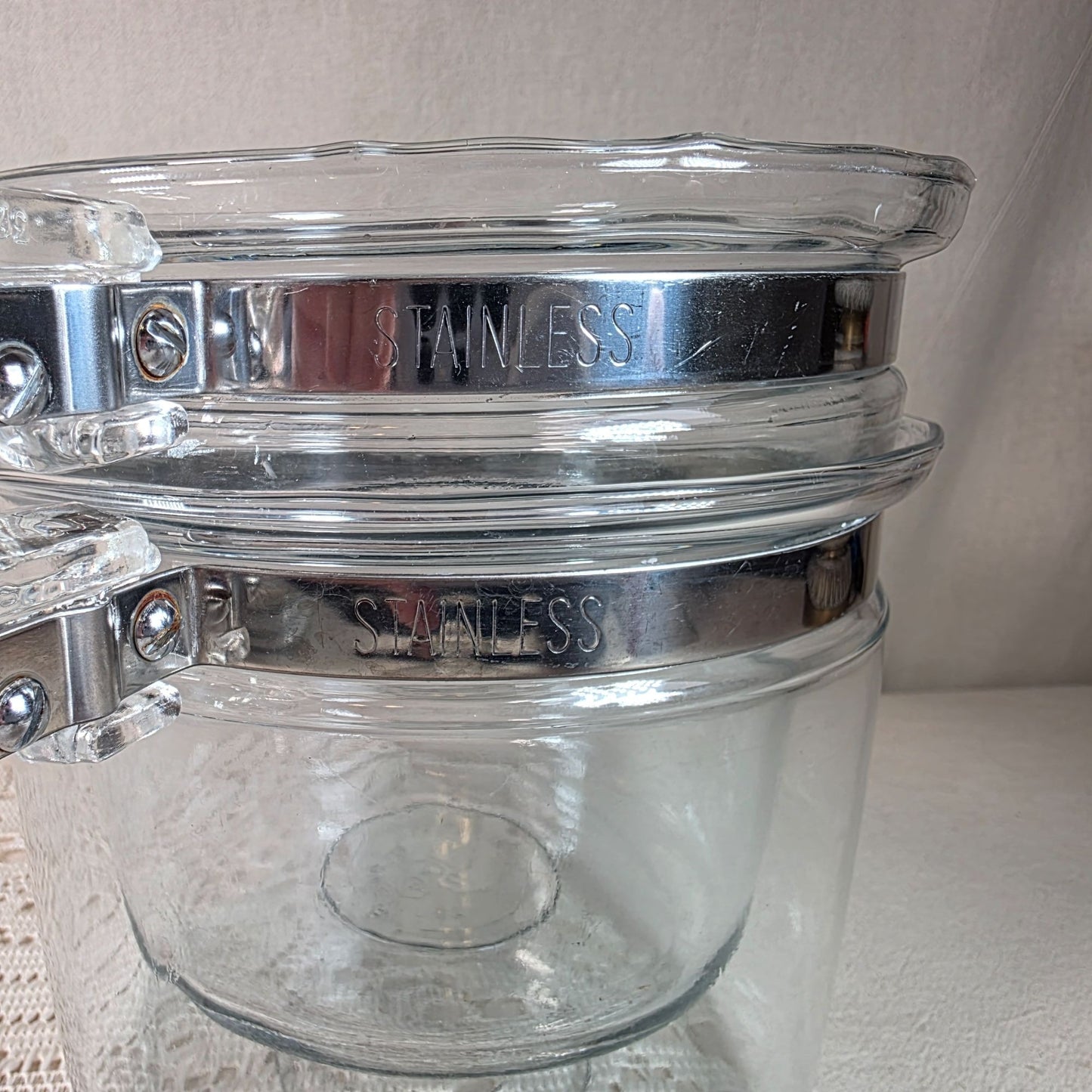 Vintage Pyrex 1.5 Quart Glass Double Boiler With Lid & Metal Band Handles